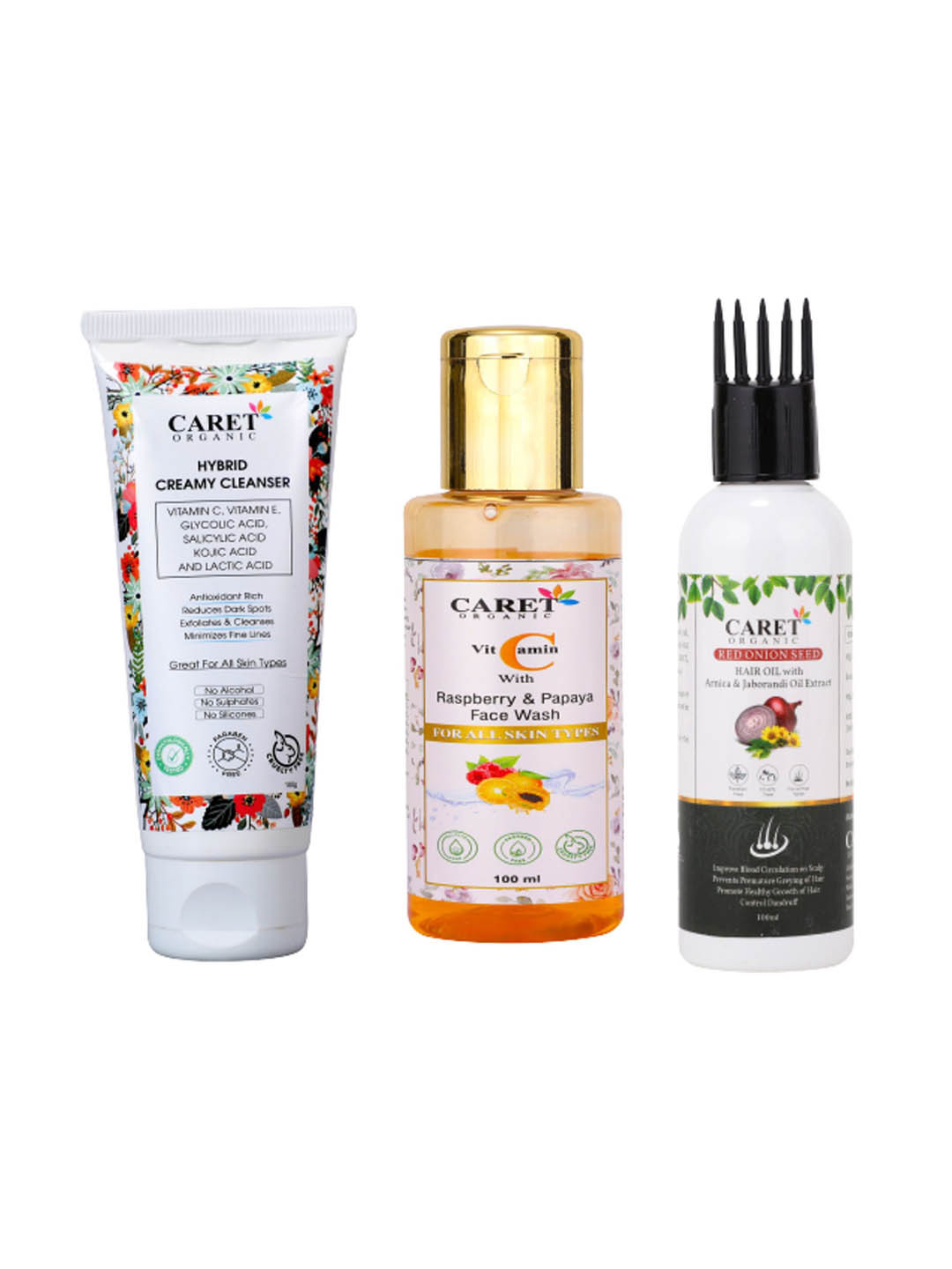 CARET ORGANIC Hybrid Cleanser, Papaya Face Wash & Red Onion Seed Hair Oil - 100 ml Each