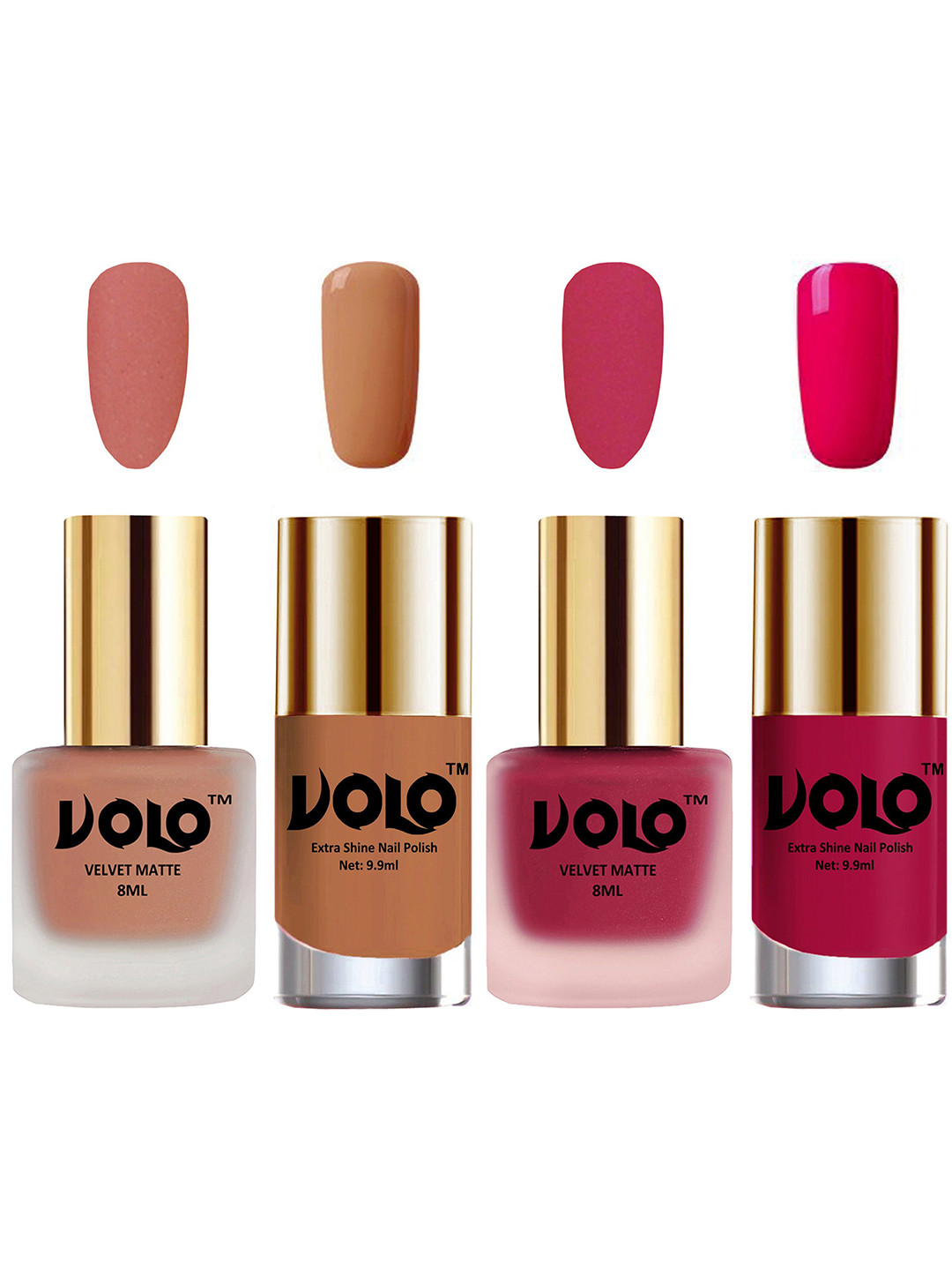 VOLO Set Of 4 Velvet Matte & Extra Shine Nail Polish - 8 ml & 9.9 ml Each- 38-43-64-53