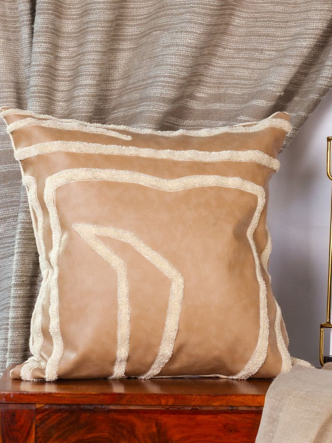 ALCOVE Brown & Off White Embroidered Square Cushion Cover