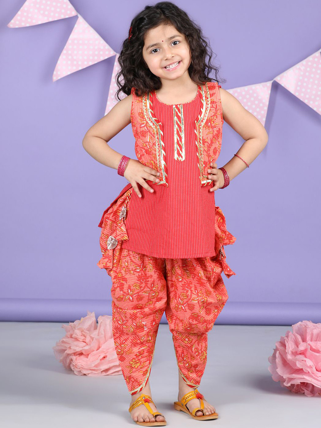 Here&Now X Kinder Kids Girls Striped Gotta Patti Cotton Kurti with Dhoti Pant & Jacket