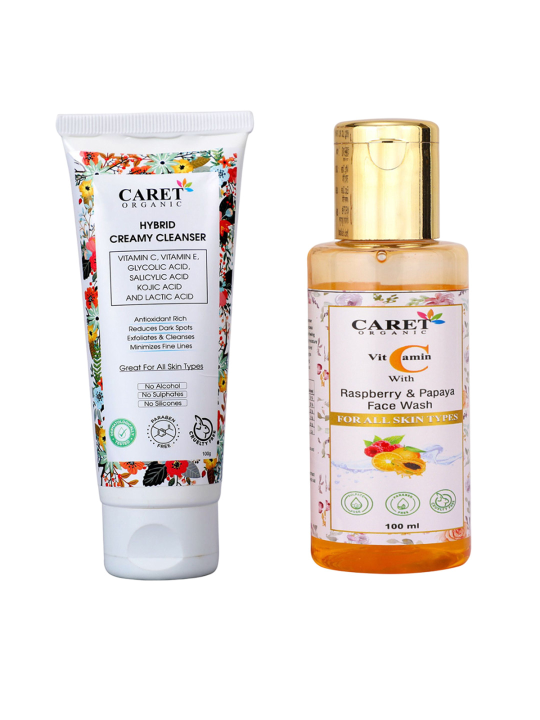 CARET ORGANIC Hybrid Creamy Cleanser With Raspberry & Papaya Face Wash - 100 ml Each