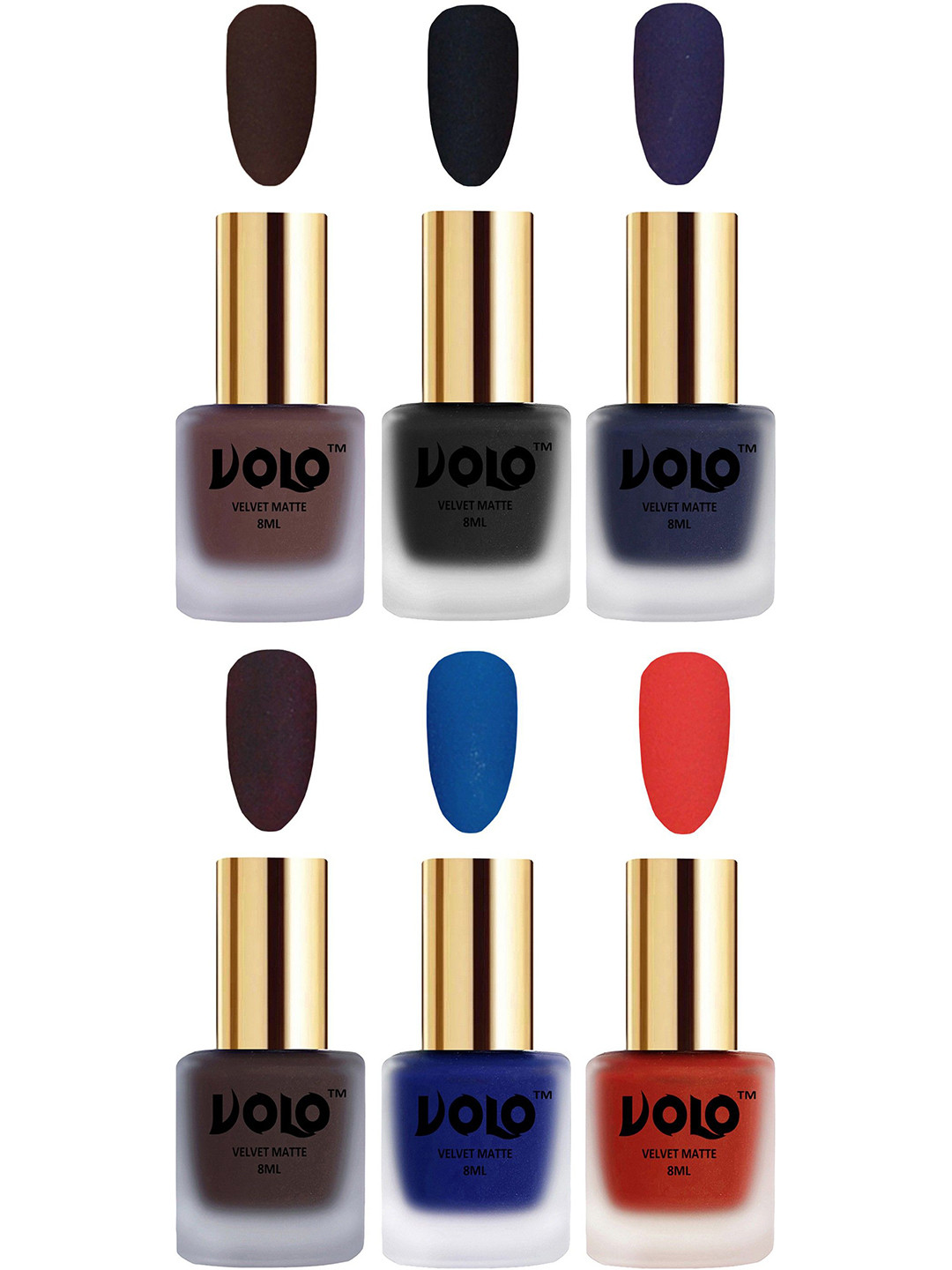 VOLO Set Of 6 Velvet Matte Nail Polish - 8 ml Each - Coral-Russian Navy Blue-Dark Coffee