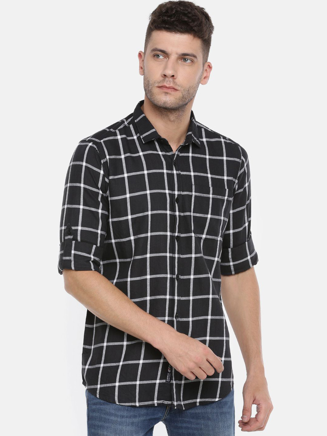 Cross Court Men Spread Collar Windowpane Checked Cotton Slim Fit Casual Shirt