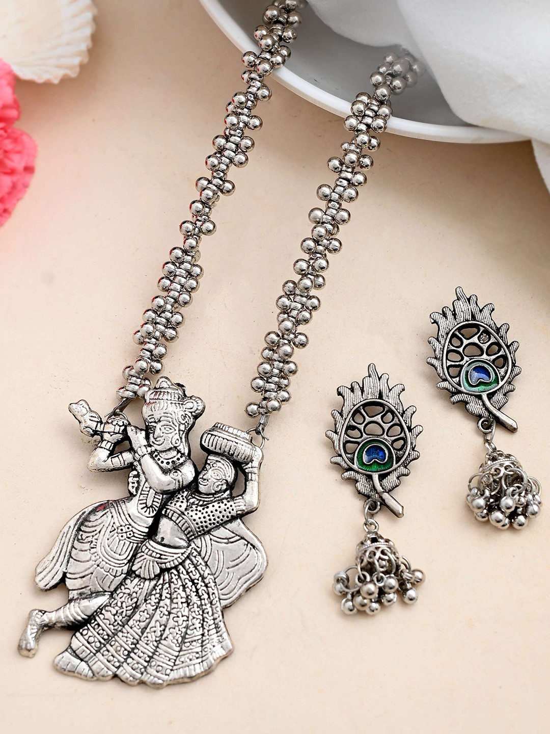 VOJ Oxidised Silver-Plated Stainless Steel Oxidized Kanha Shape Necklace with Earrings