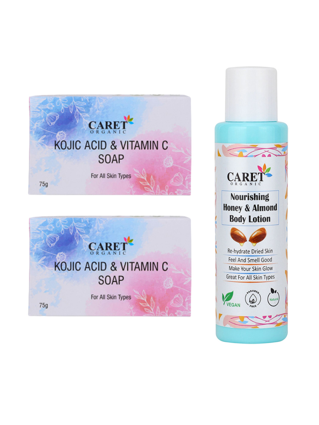 CARET ORGANIC Kojic Acid Vitamin C Soap - 75 g Each With Honey & Almond Body Lotion-100 ml