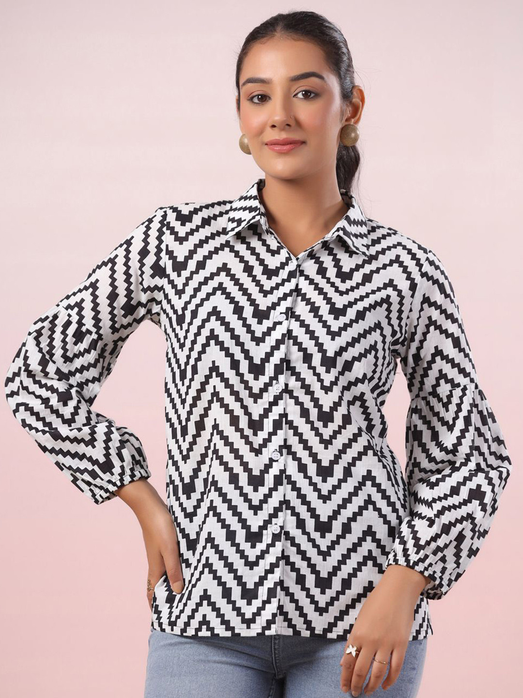 LYFJ Women New Spread Collar Abstract Printed Cotton Casual Shirt