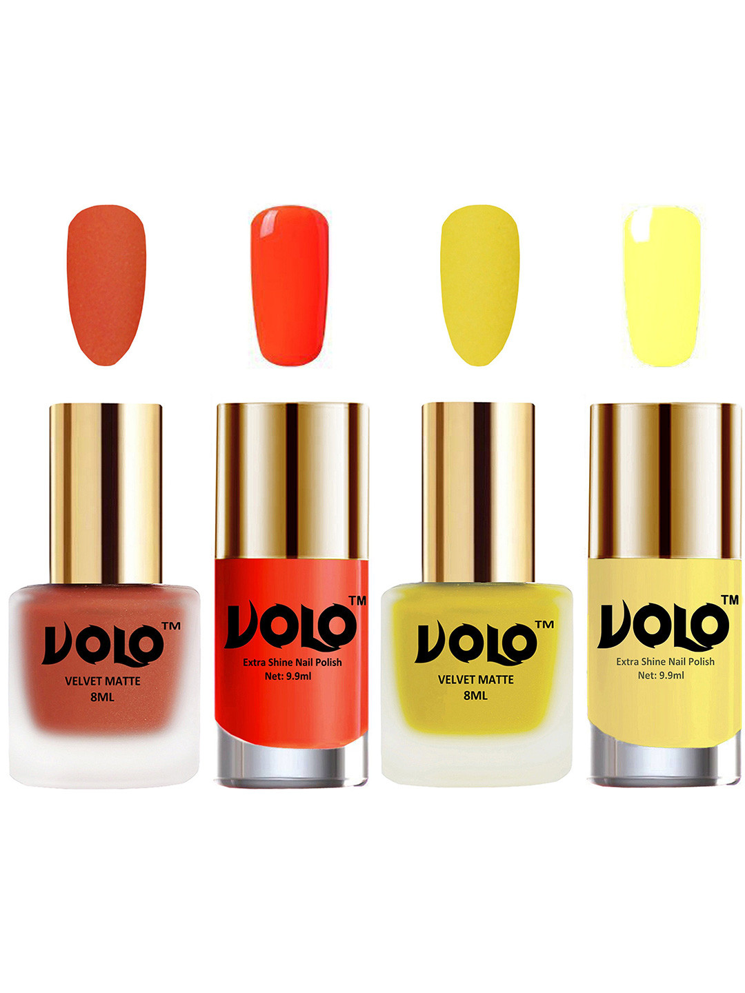 VOLO Set Of 4 Velvet Matte Nail Polish - 8 ml & 9.9 ml Each -Coral-Yellow-Orange-Yellow