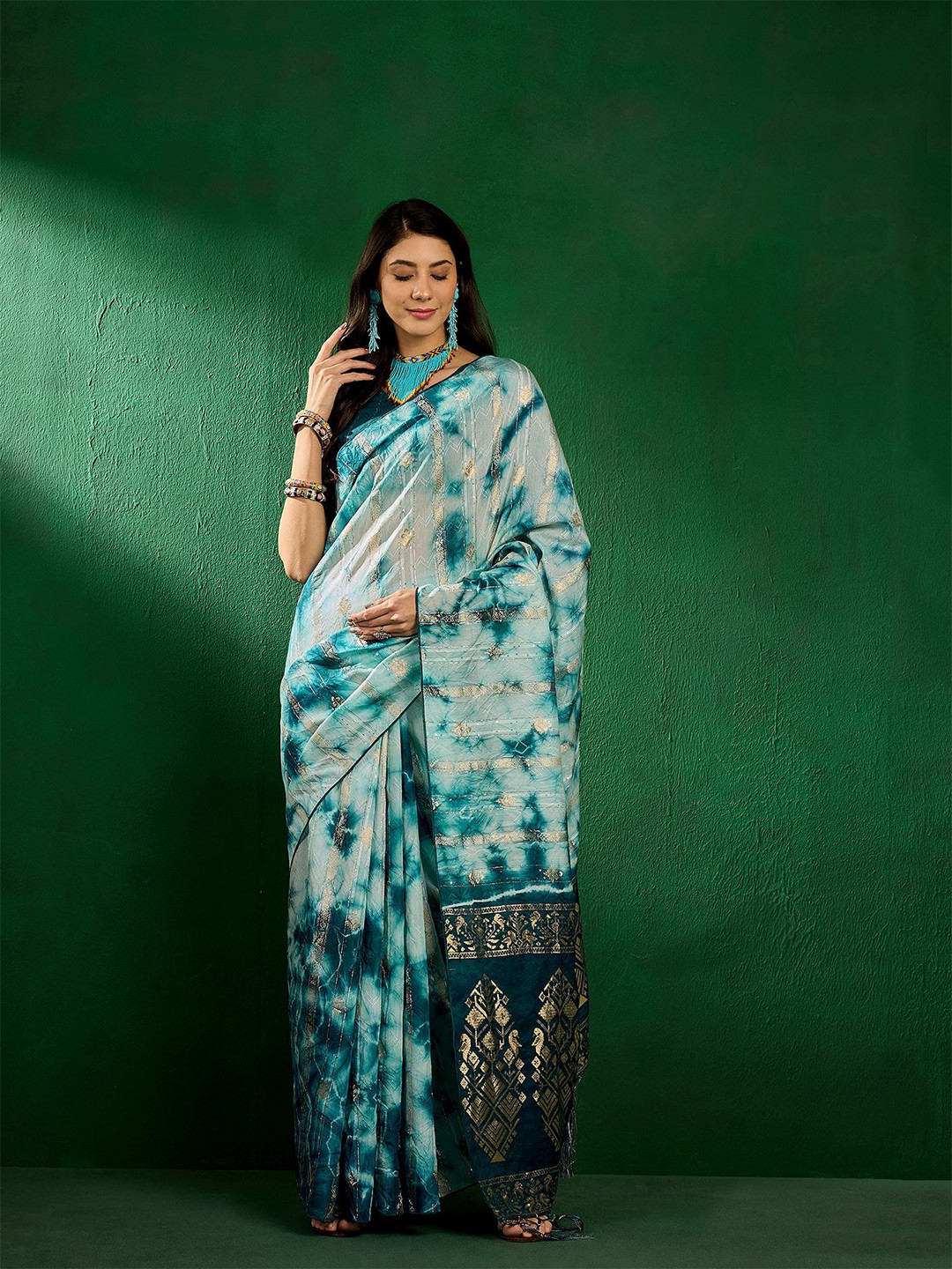 Maroosh Teal Colour Sequinned Fusion Saree