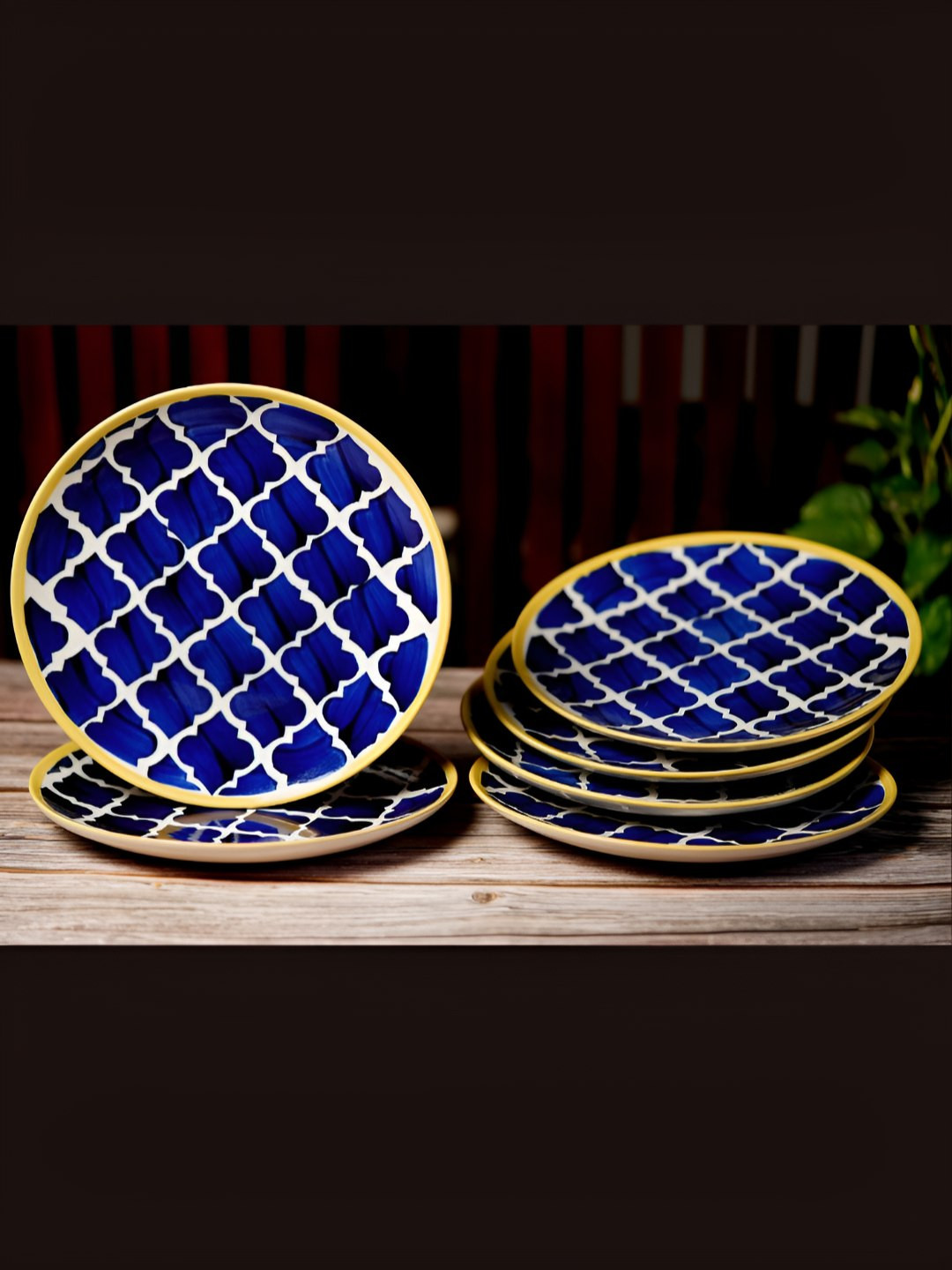 Freakway Blue & White 6 Pieces Moroccan Printed Ceramic Dishwasher & Microwave Safe Plates