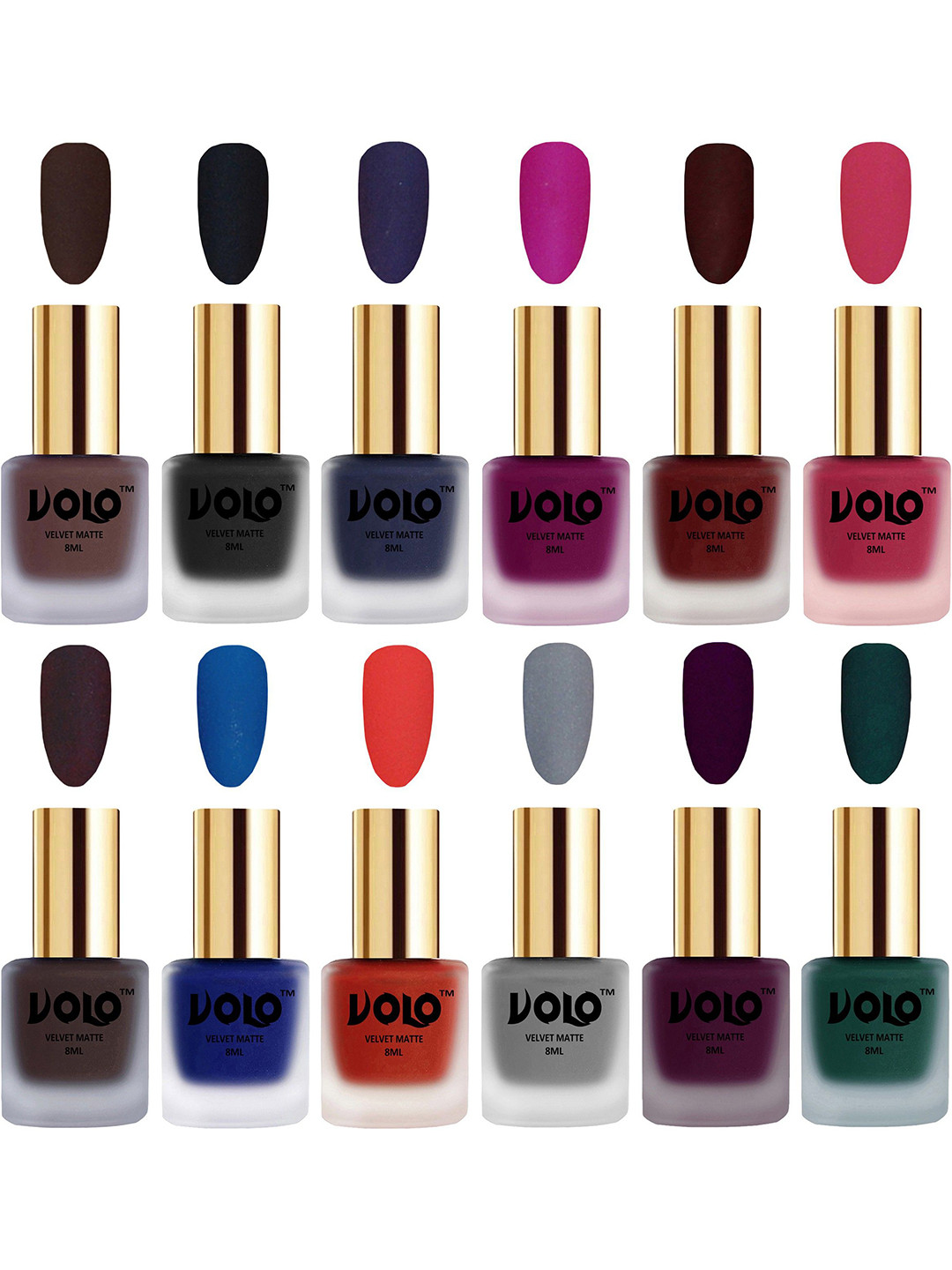 VOLO Set Of 12 Velvet Matte Nail Polish - 8 ml Each Shade Magenta - Coral - Light Wine