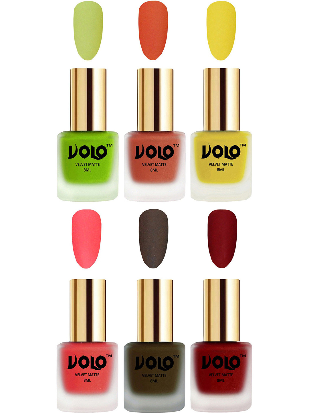 VOLO Set Of 6 Velvet Matte Nail Polish- 8 ml Each- Tomato Red- Neon Orange- Olive Brown