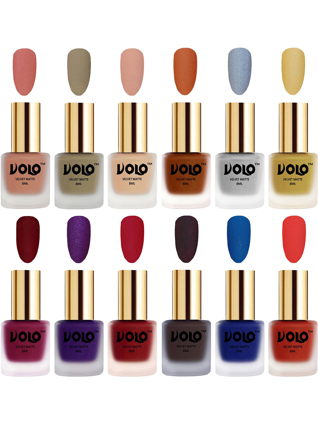 VOLO Set Of 12 Velvet Matte Nail Polish - 8 ml Each -Coral-Nude-Purple-Peach-Golden-Silver