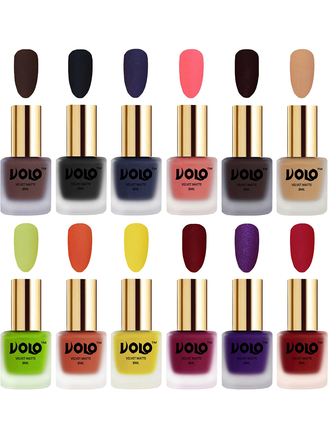 VOLO Set Of 12 Velvet Matte Bold Colors Nail Polish - 8 ml Each