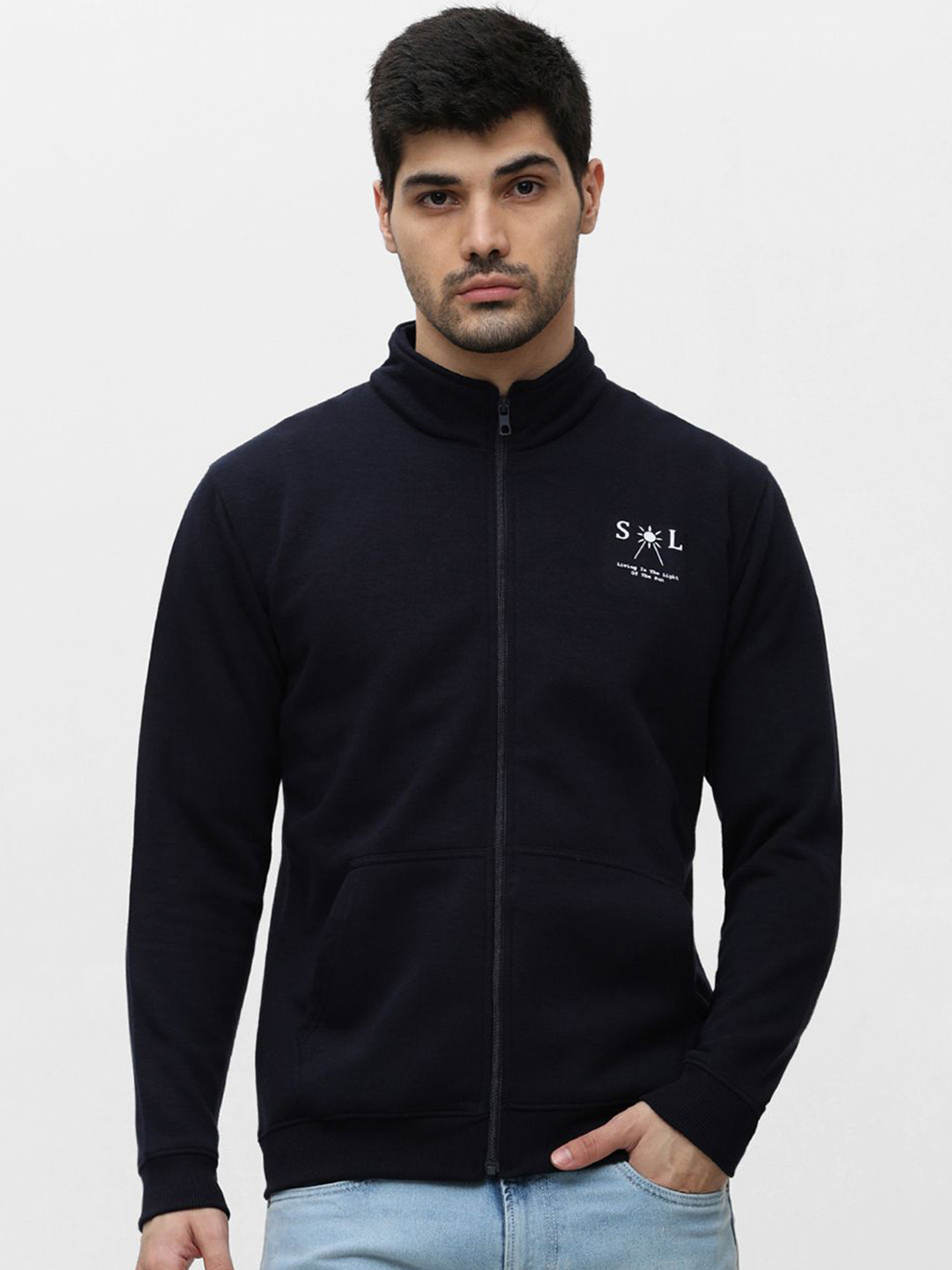 Klub Fox Men Solid High Neck Front-Open Fleece Sweatshirt