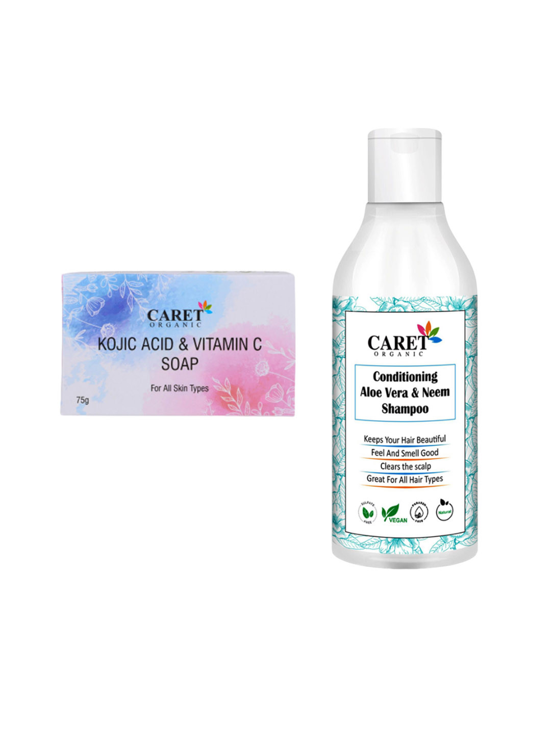 CARET ORGANIC Kojic Acid Vitamin C Soap-75g & Conditioning  Aloevera Neem Shampoo - 300 ml