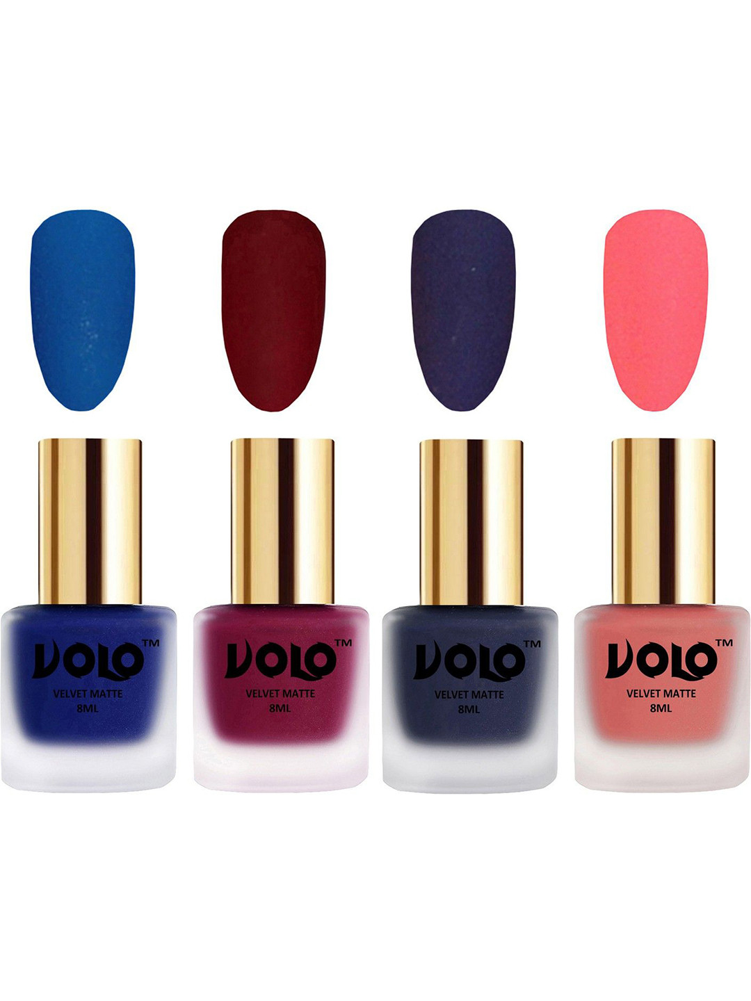 VOLO Set Of 4 Velvet Matte Nail Polish-8 ml-Russian Navy Blue-Blue-Dark Peach-Carrot Red