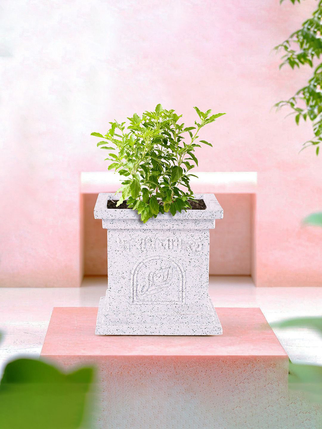 Kuber Industries White Marble Tulsi Mancha Gamla Design Planter