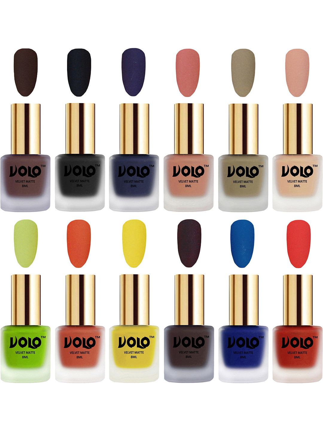 VOLO Set Of 12 Velvet Matte Nail Polish - 8 ml Each Shade Coral - Sand Nude - Russian Navy