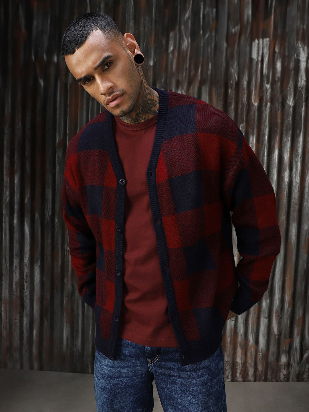 High Star Men Checked Oversized Fit Front-Open Sweater