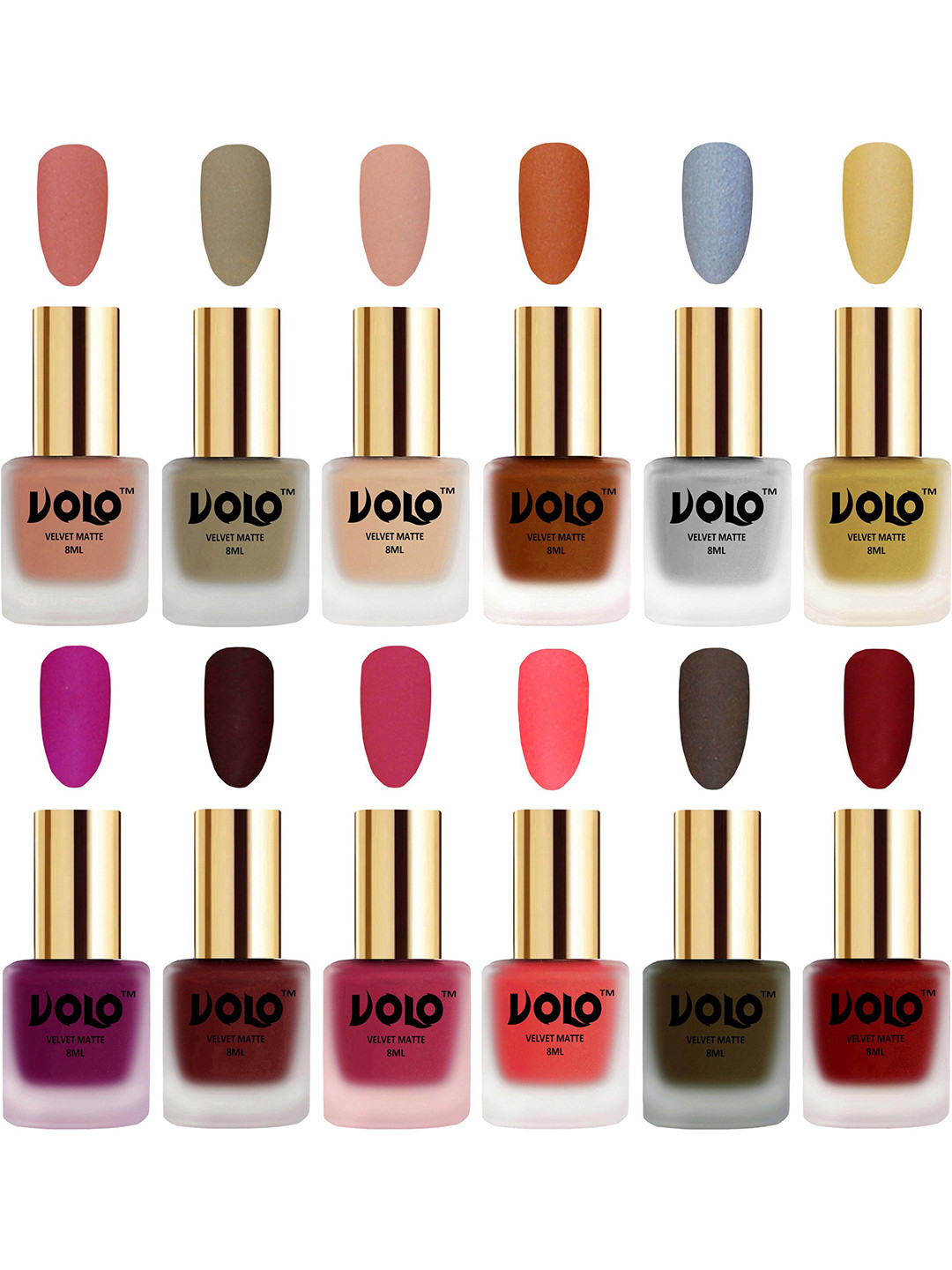 VOLO Set Of 12 Velvet Matte Nail Polish - 8 ml Each -Magenta-Red-Nude-Neon-Peach-Olive