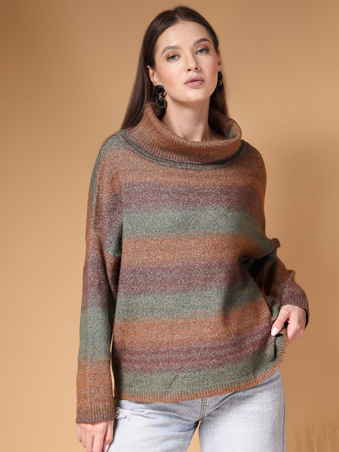 Mafadeny Women Horizontal Striped Cowl Neck Top