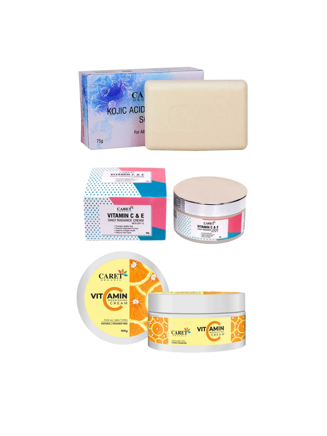 CARET ORGANIC Kojic Acid Soap, Vitamin C Cream & Vitamin C Nourishing Cream