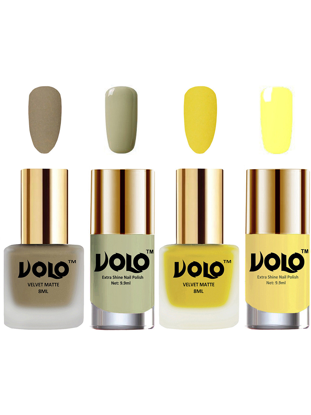 VOLO Set Of 4 Velvet Matte Nail Polish - 8 ml & 9.9ml Each -Sand Nude-Mint-Yellow-Yellow