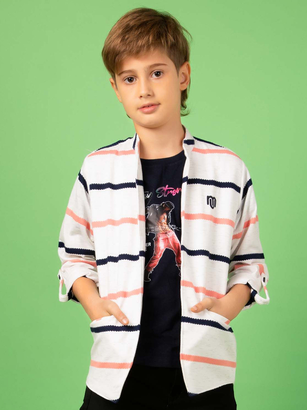 MashUp Boys Classic Band Collar Horizontal Striped Cotton Casual Shirt