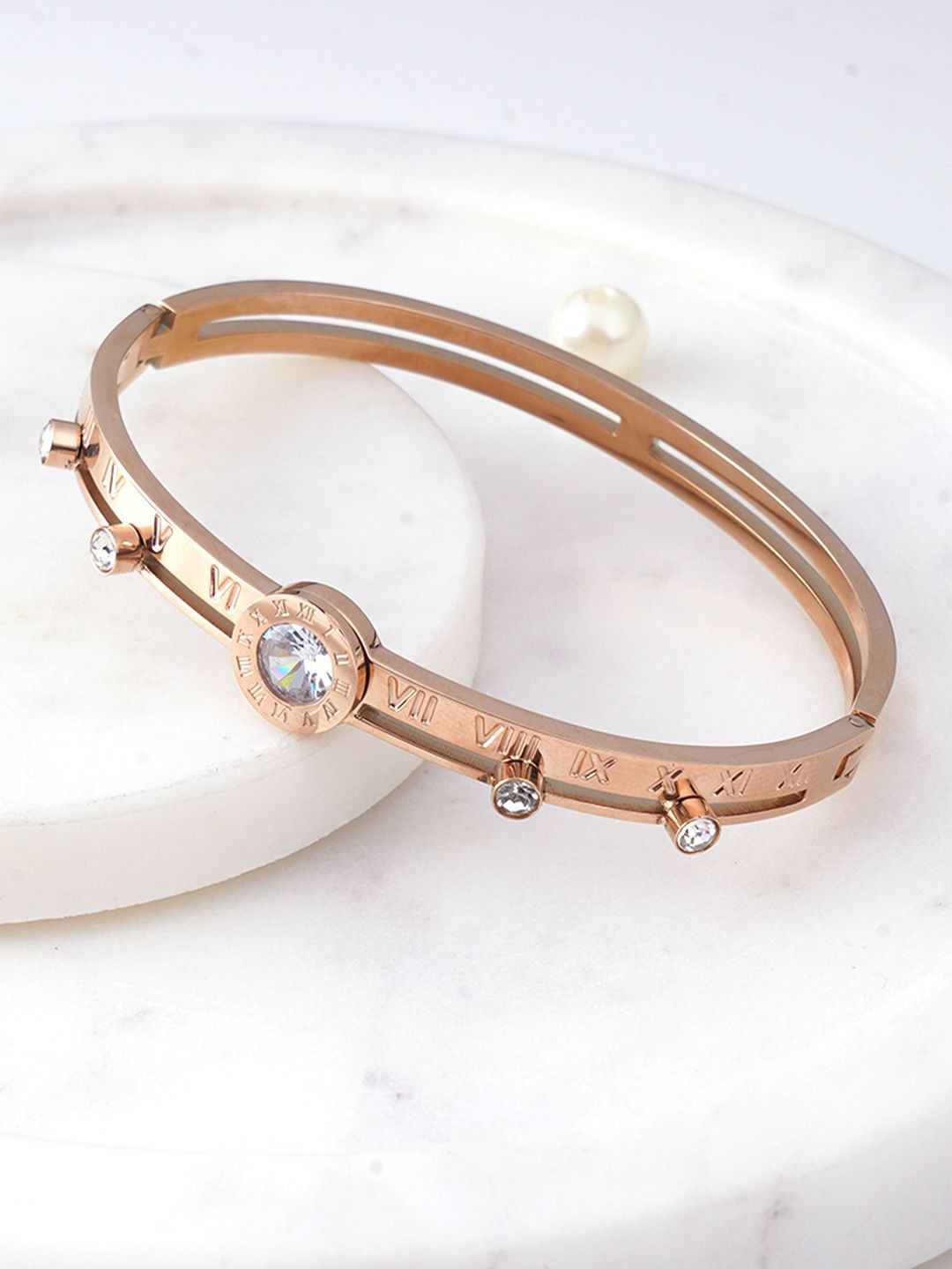Adwitiya Collection Stainless Steel Rose Gold-Plated Stones Studded Bangle-Style Bracelet