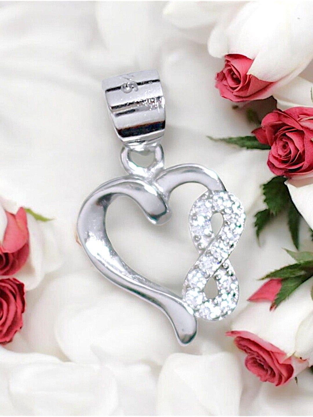 Taraash 925 Sterling Silver Rhodium-Plated Cubic Zirconia Heart & Infinity Pendant