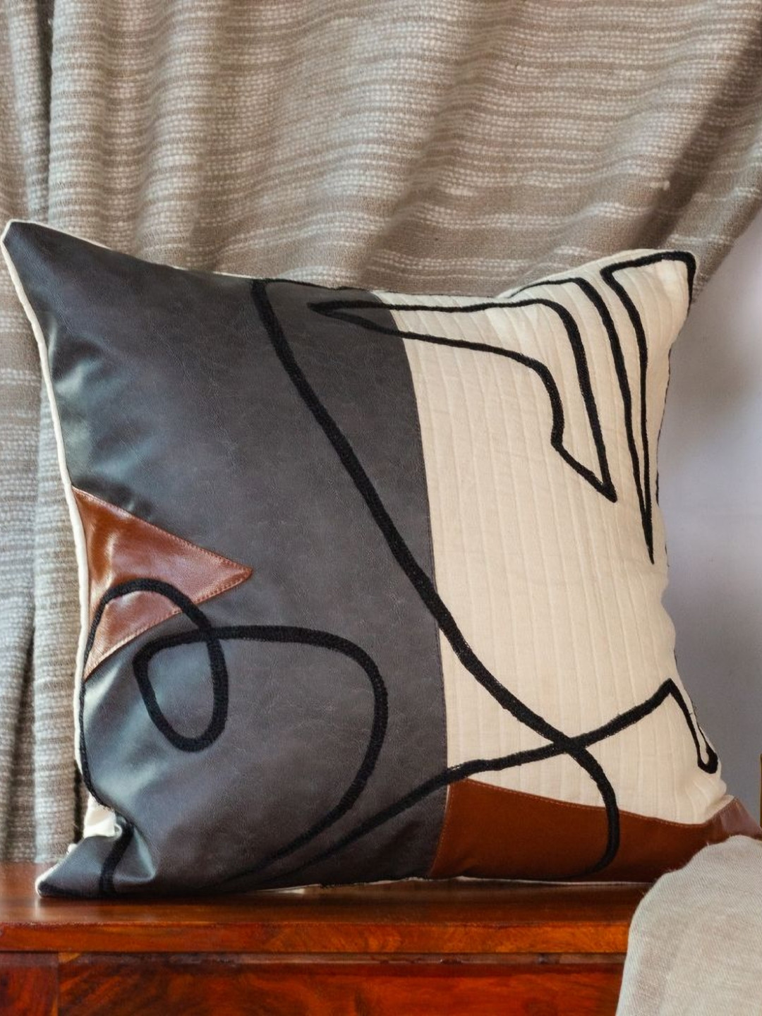 ALCOVE Graphic Abstract Synthetic Leather Durable Embroidered Cushion Covers - 18 x 18 In