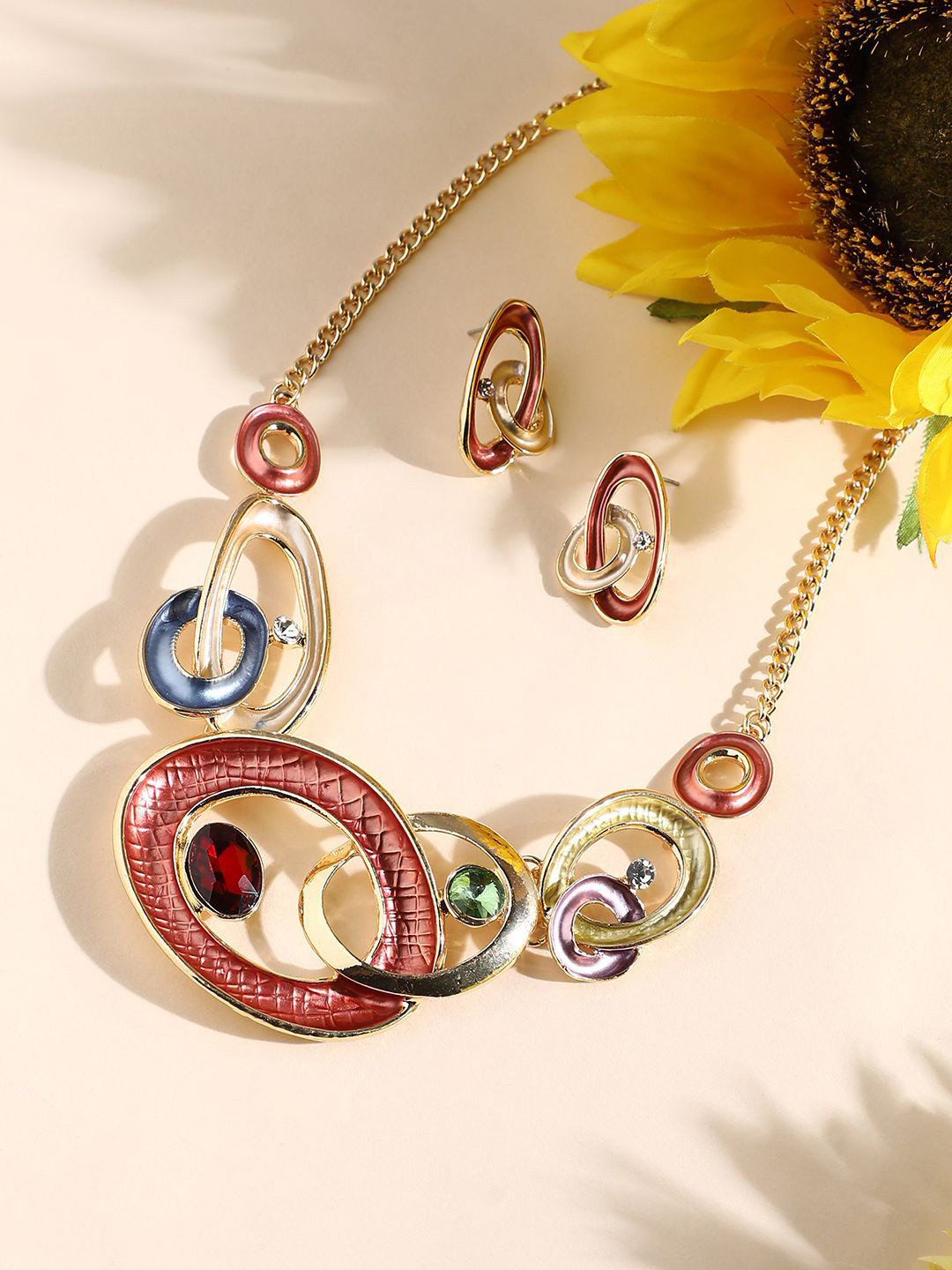 SOHI Gold-Plated Circular Cluster Stone-Studded Jewellery Set