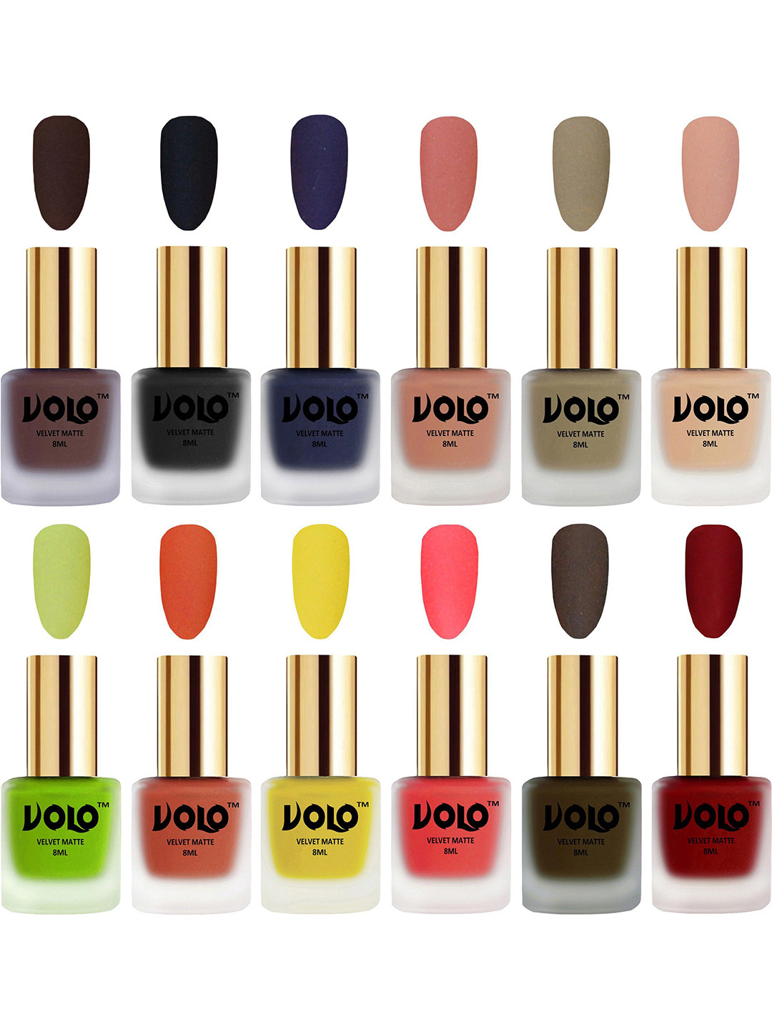 VOLO Set Of 12 Velvet Matte Nail Polish - 8 ml Each - Tomato Red - Sand Nude - Neon Orange