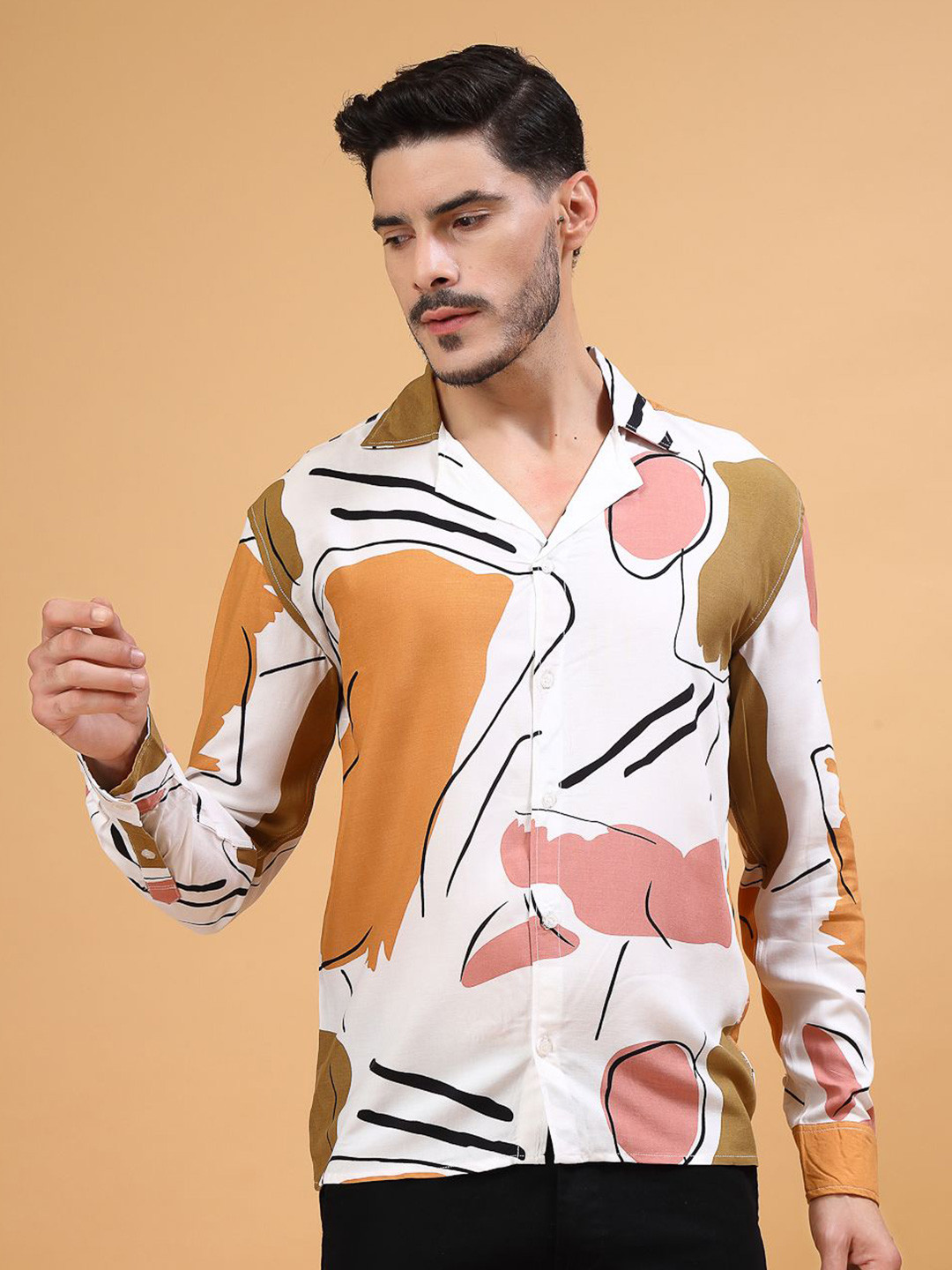 Vanguard Men Contemporary Cuban Collar Abstract Printed Casual Shirt