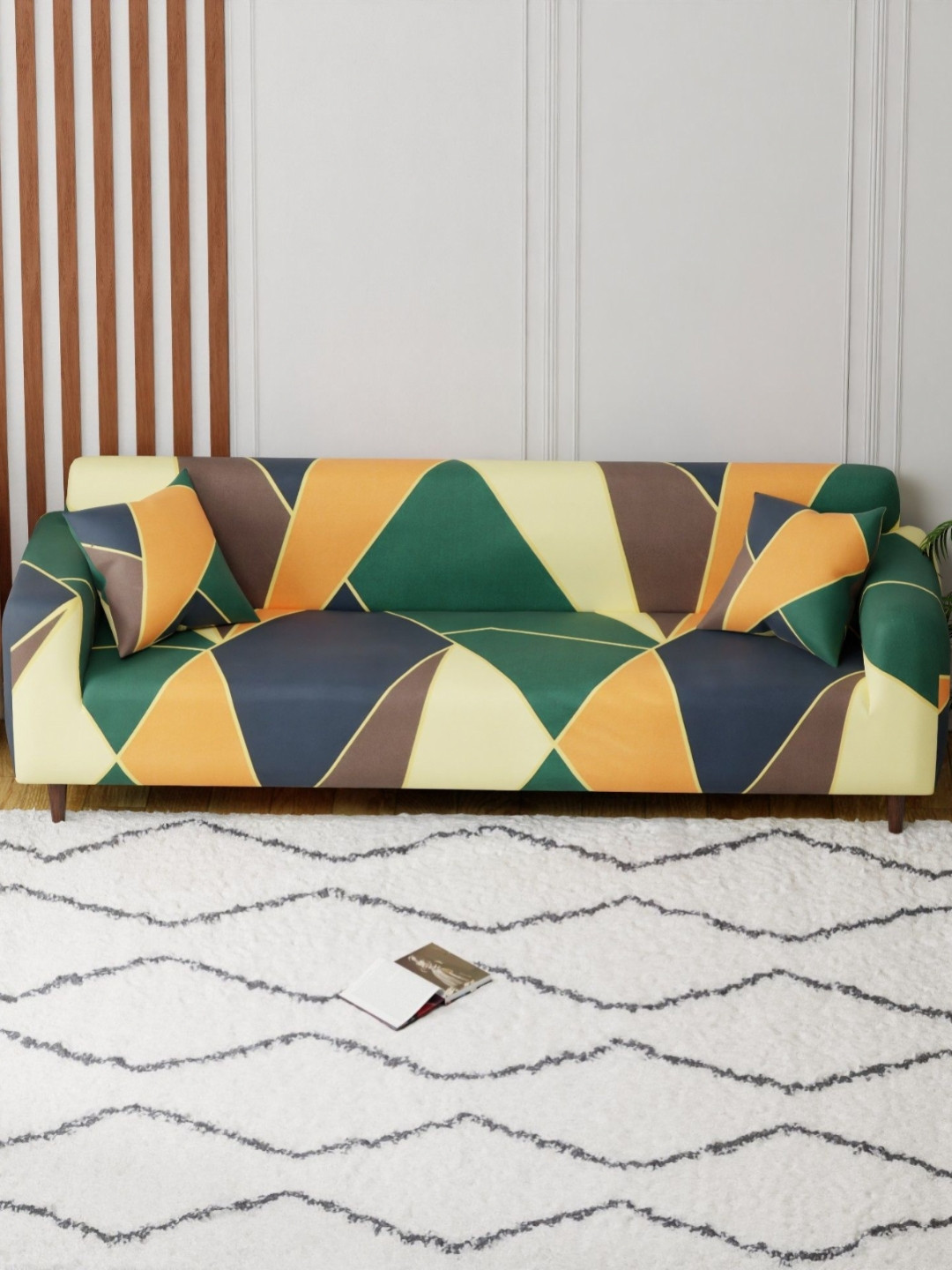 Aura Green & Brown Abstract Printed 4 Seater Sofa Cover With Arms