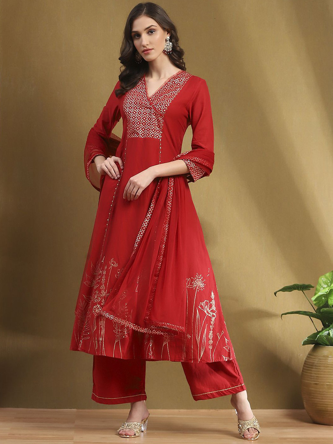 Biba Women Yoke Design Pure Cotton A-Line Kurta With Palazzos & Dupatta