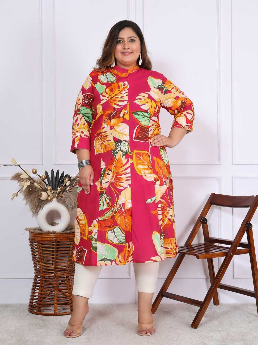 FLAVIA CREATION Plus Size Floral Printed Mandarin Collar Pure Cotton A-Line Kurta