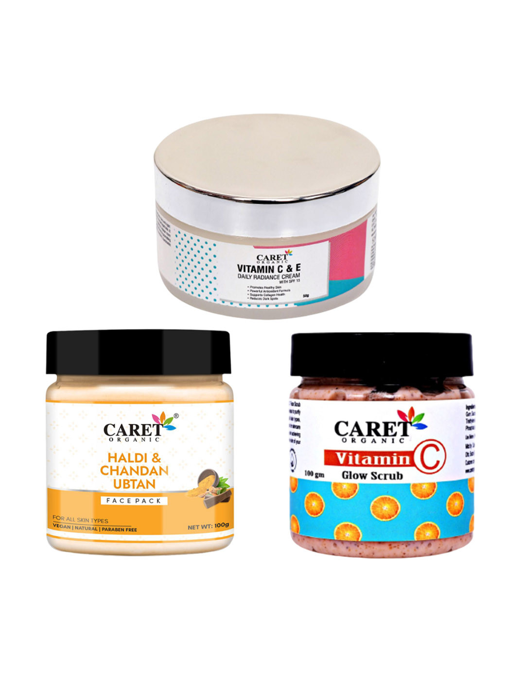 CARET ORGANIC Set Of 3 Glow Scrub- 100 g-  Ubtan Face Pack- 100 g &Radiance Cream- 50 g