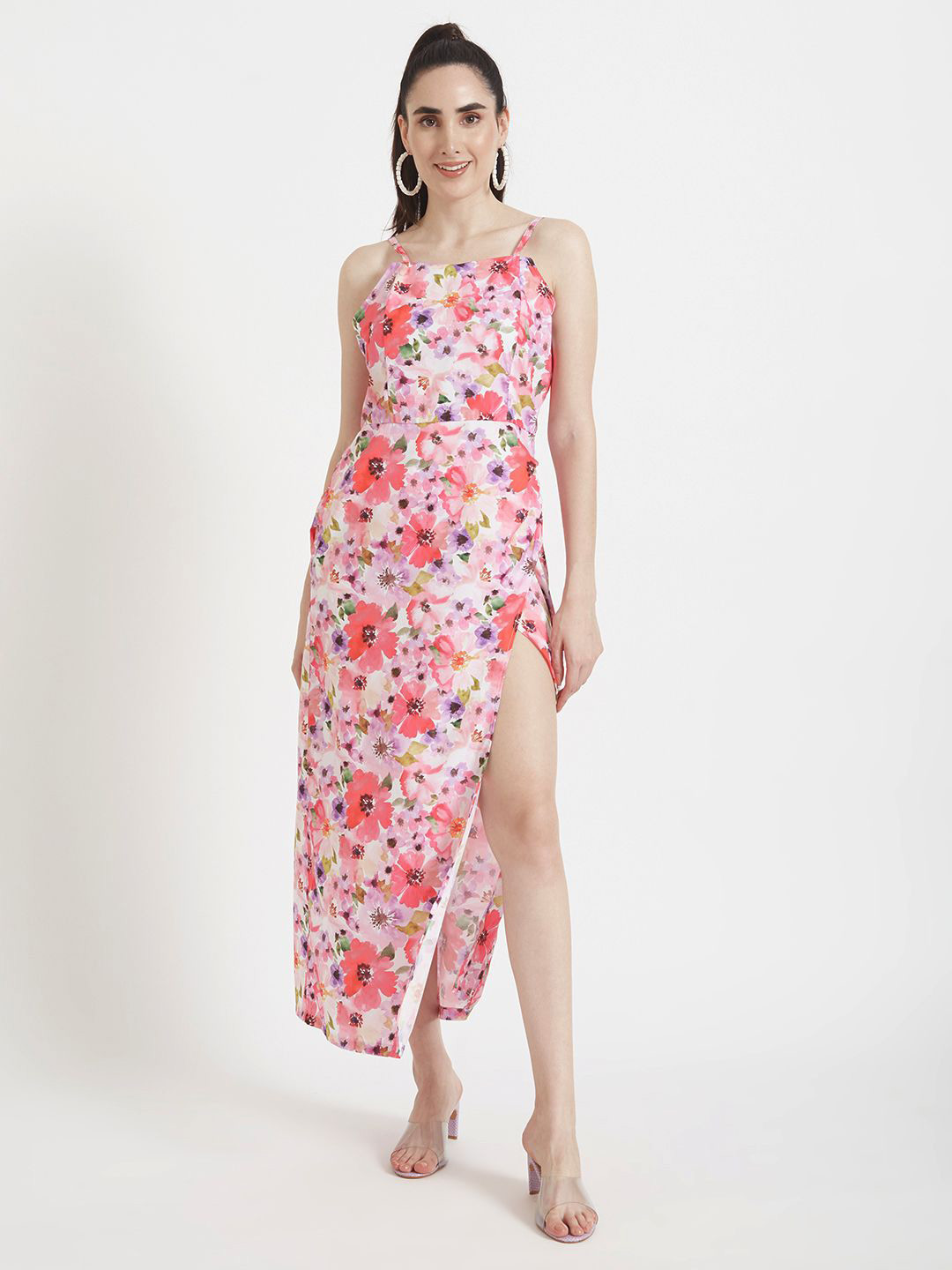 AMSWAN Women Floral Printed Shoulder Staps Maxi Dress