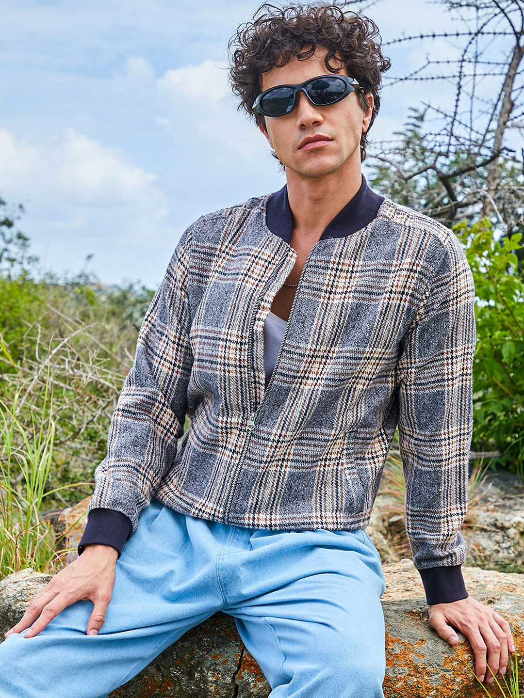 Campus Sutra Men Checked Lightweight Duster Open Front Jacket