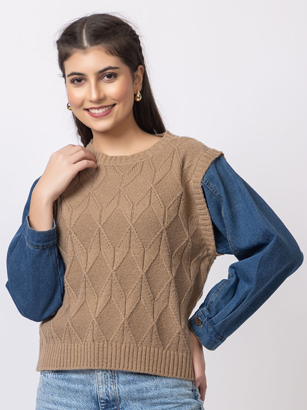 GFO Women Fancy Denim sleeves Woollen Sweater