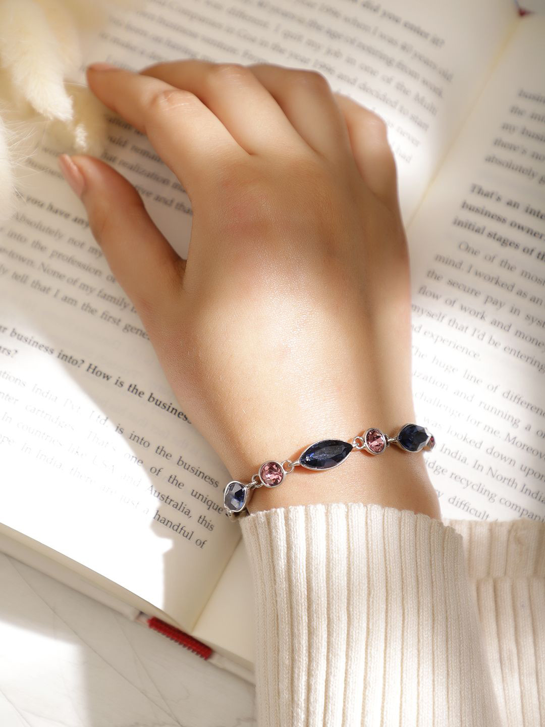 Rubans Rhodium Plated Blue & Pink Gemstone Cubic Zirconia Studded Adjustable Bracelet