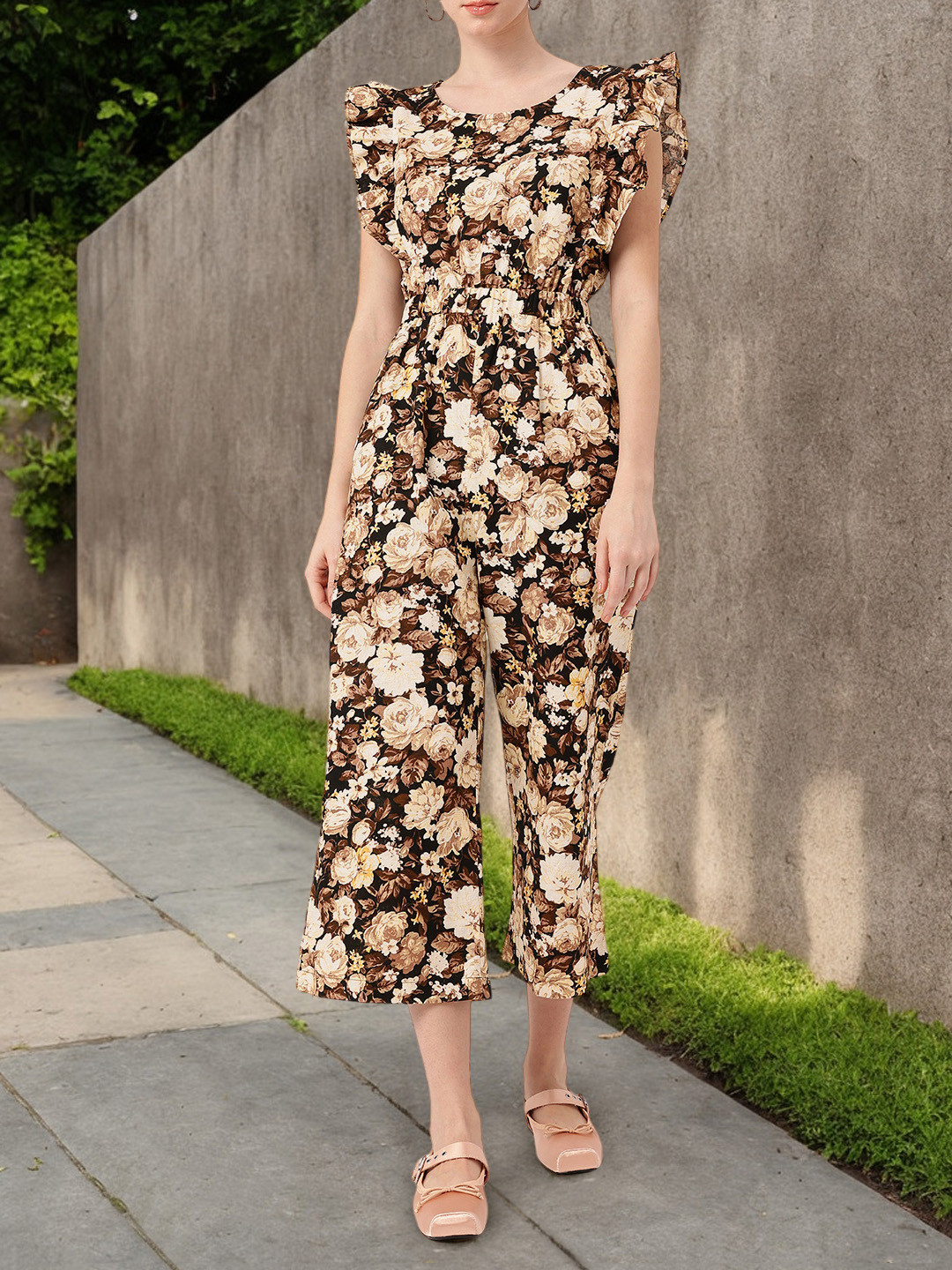 DressBerry Cotton Linen Cinched Waist Ruffle Cut Out Jumpsuit