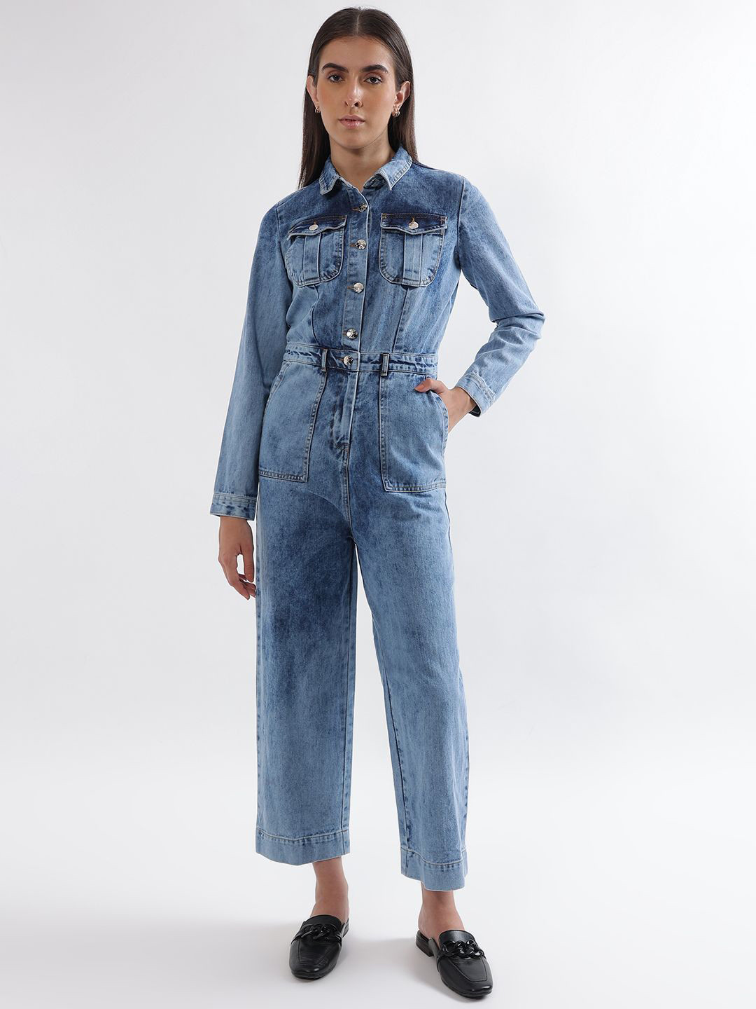 ELLE Women Washed Spread Collar Full Sleeves Basic Denim Jumpsuit
