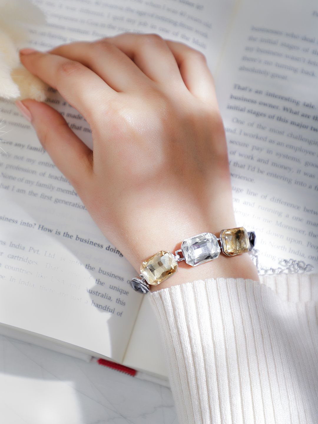 Rubans Rhodium Plated Cubic Zirconia Studded Multi-Colored Statement Bracelet