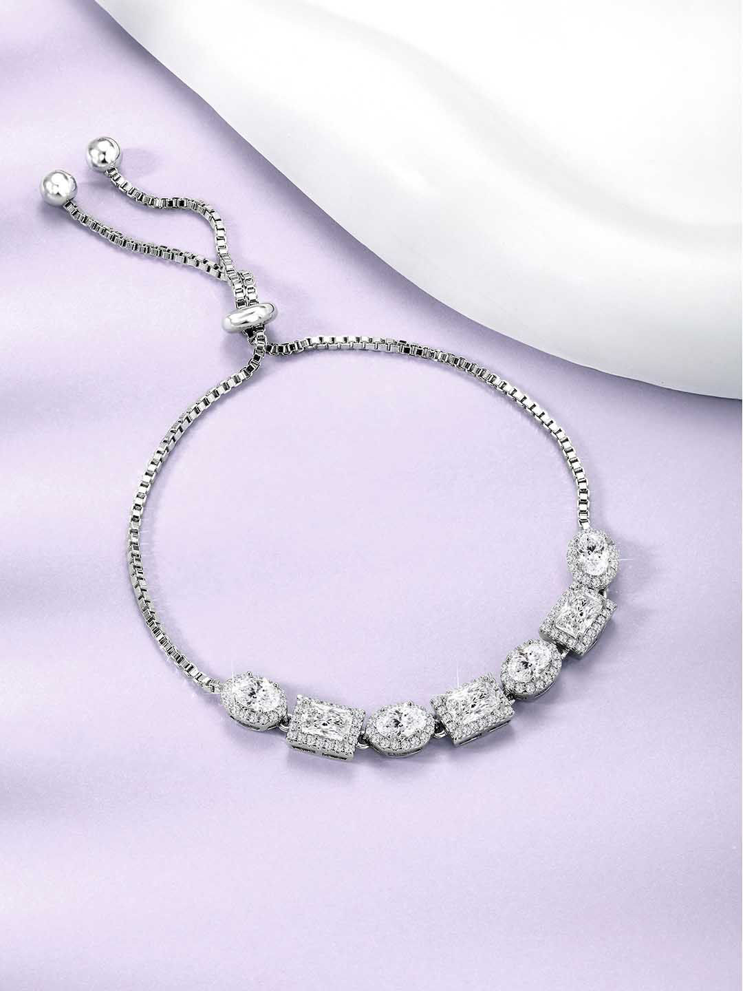 Peora Silver-Plated Cubic Zirconia & Crystal Studded Adjustable Wraparound Bracelet