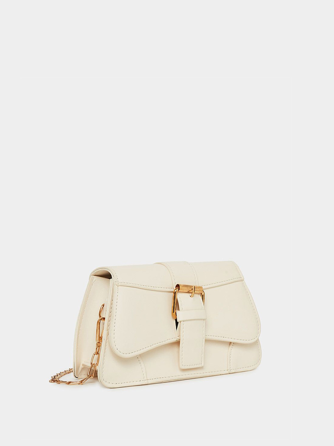 Styli Cream-Coloured Structured Belted Buckle Shoulder Bag