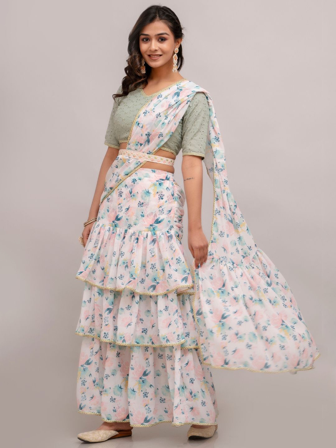 Jaipurite Floral Chikankari Pure Georgette Ready to Wear Block Print Saree