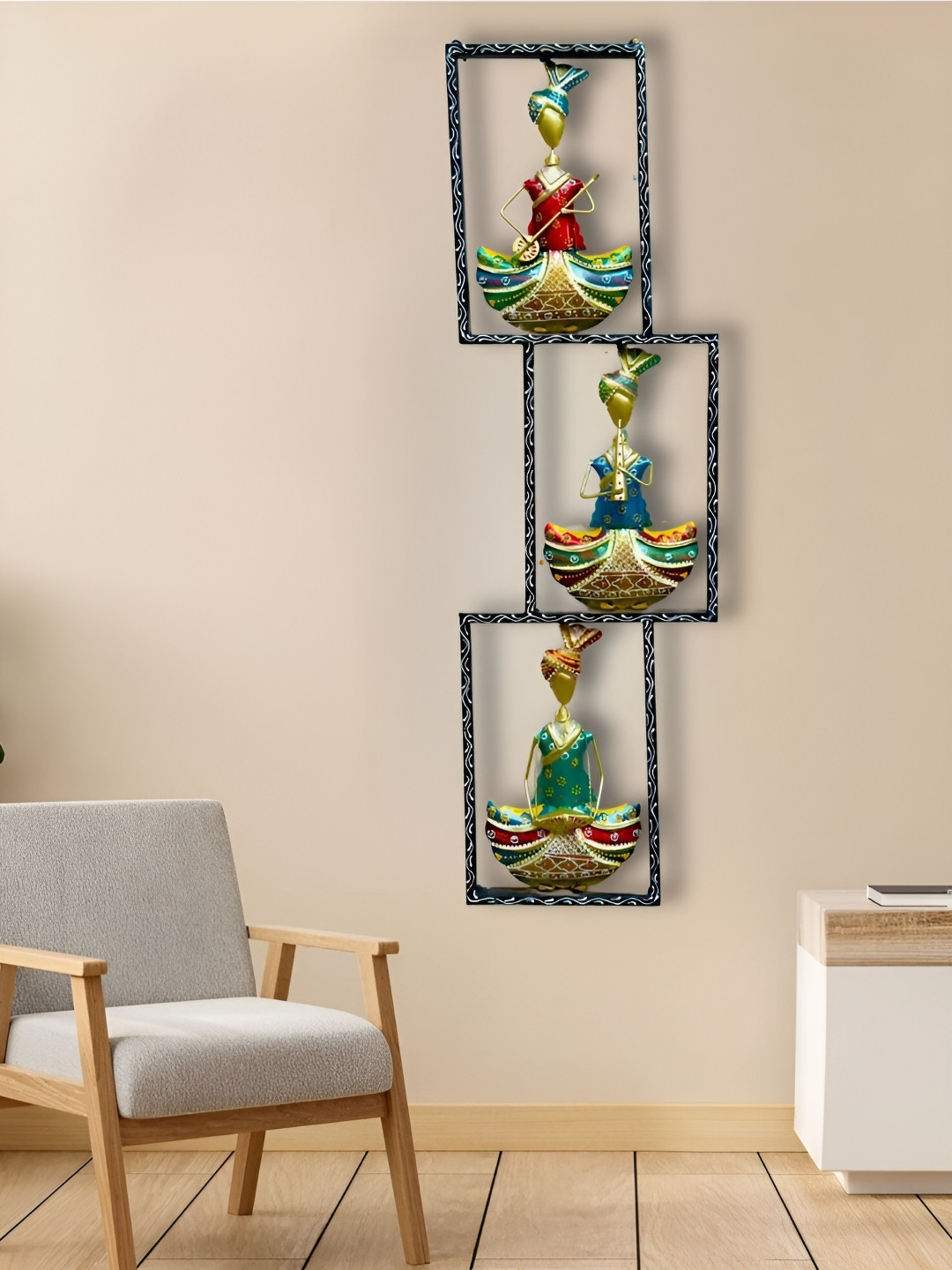 PRANJALS HOUSE Rajasthani 3 Musicians Metal Glossy Hall Wall Hangings-39.8In