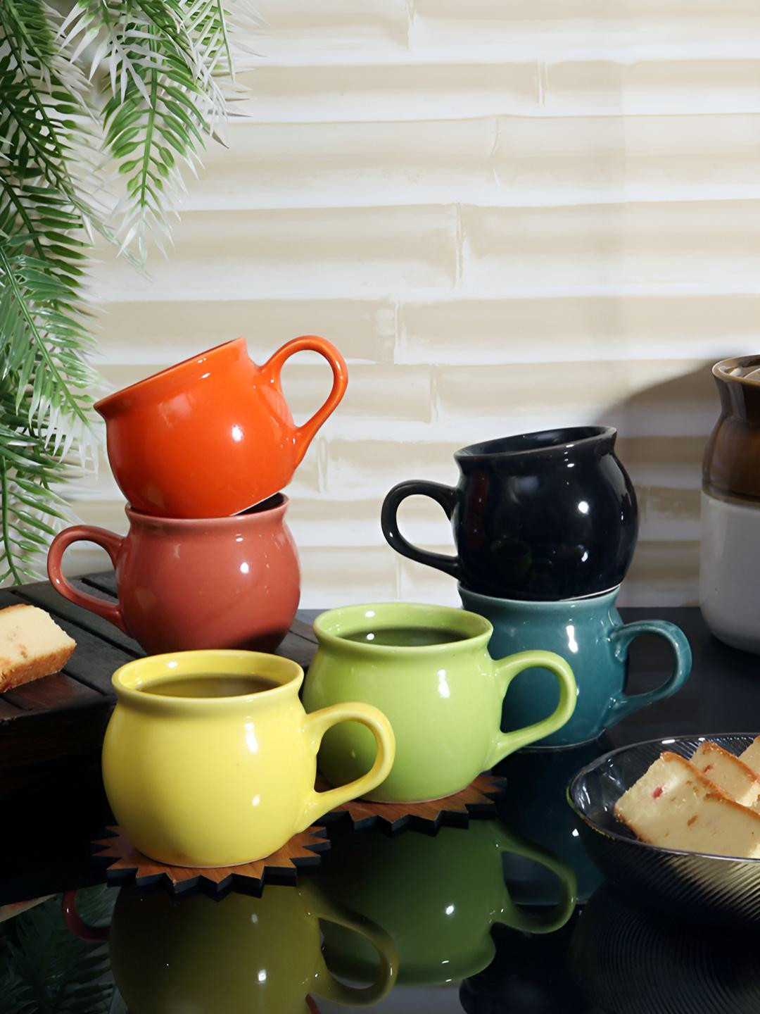 Aura Blue & Green 6 Pieces Ceramic Glossy Cups 150 ml Each